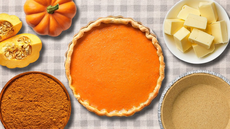 Pumpkin pie with ingredients