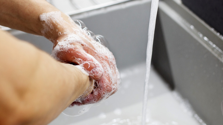 washing hands in kitchen sink