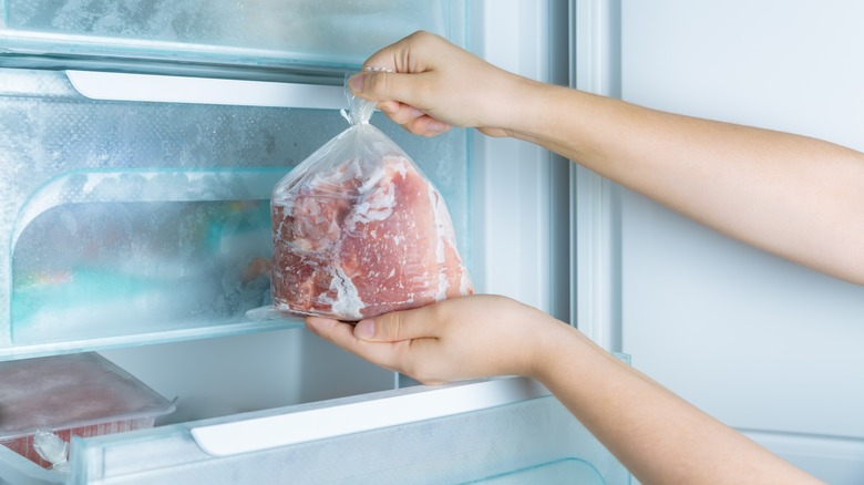 woman storing meat in freezer bag