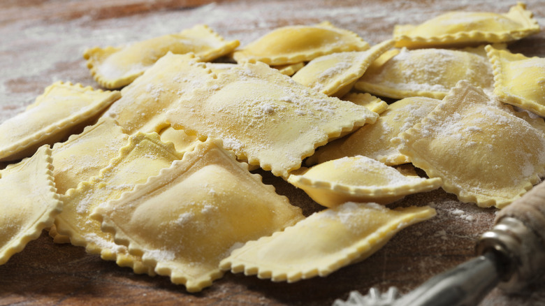 Uncooked, freshly cut ravioli