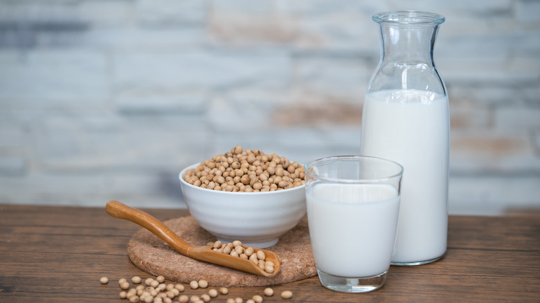 soy milk jug and glass