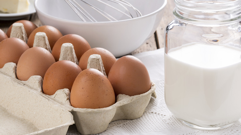 eggs and milk on table