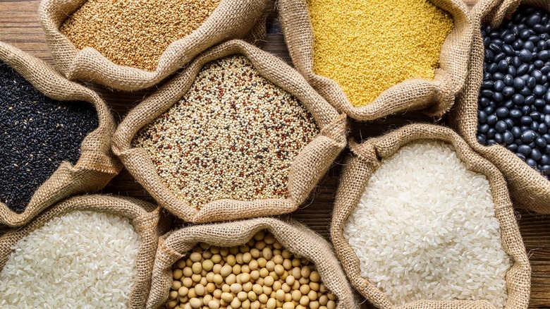 Bags of raw seeds and grains