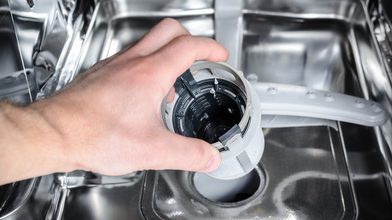 Person removing/replacing dishwasher filter