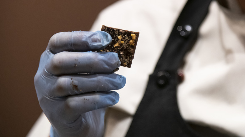 gloved hand holding chocolate piece