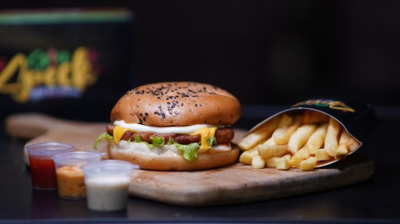 burger and fries with mayo dressing