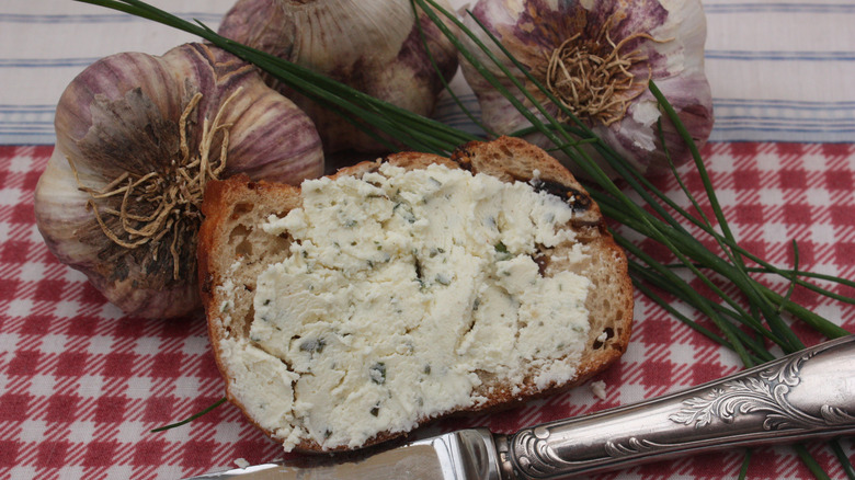 Boursin cheese swiped on bread