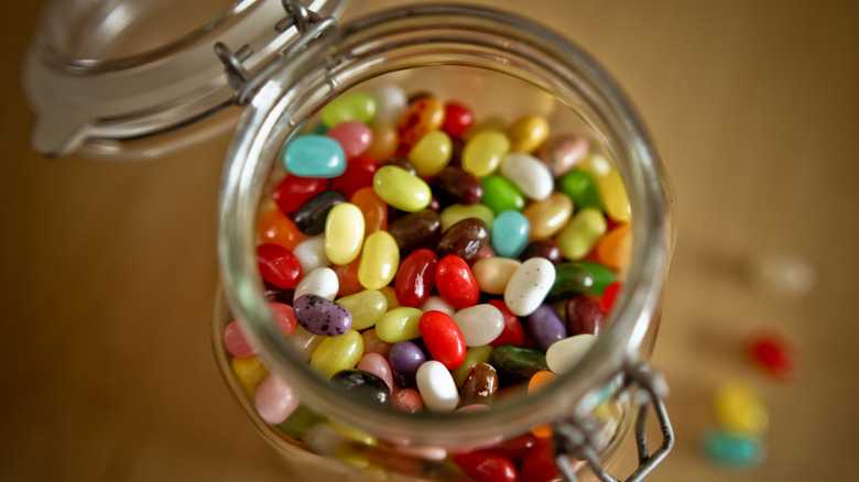 Colorful jelly beans in a jar