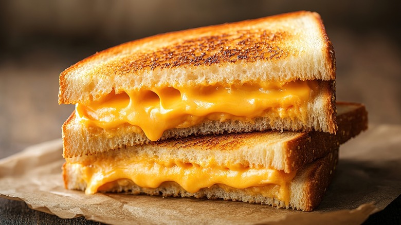 A cut grilled cheese sandwich