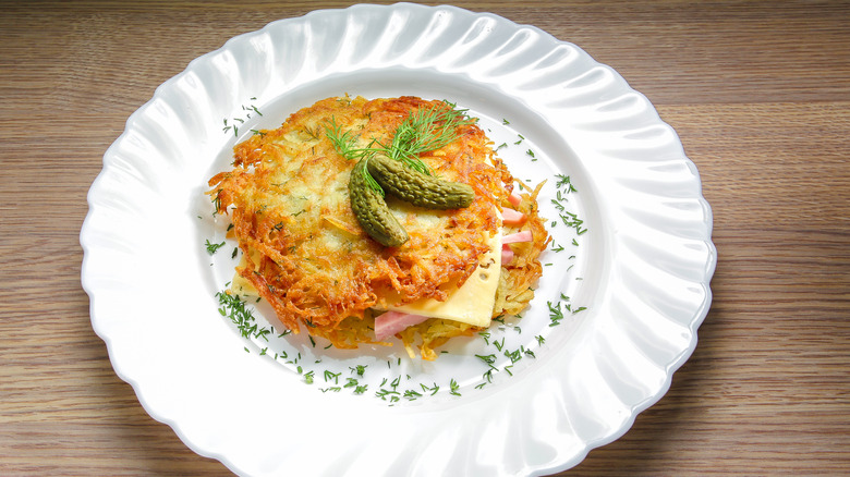 potato pancake with ham and cheese