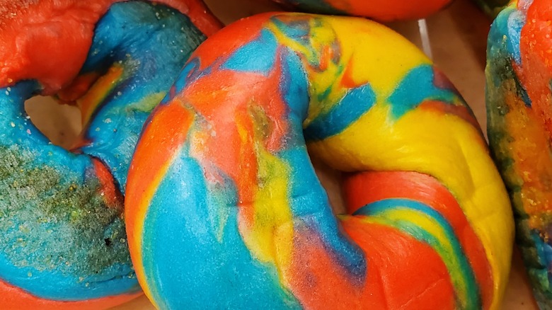 Close-up of rainbow bagels