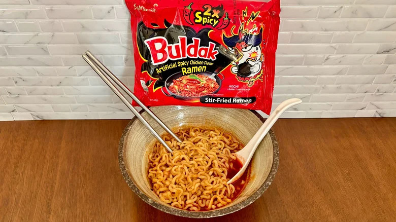 Buldak 2x spicy ramen package and in bowl