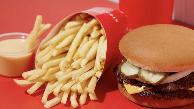 Steak n Shake burger fries and drink