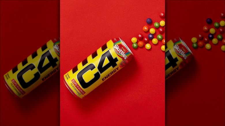 C4 Energy can with Skittles