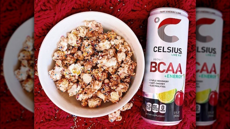 Celsius BCAA energy drink with granola bowl