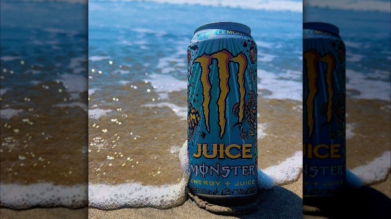 Juice Monster can on beach