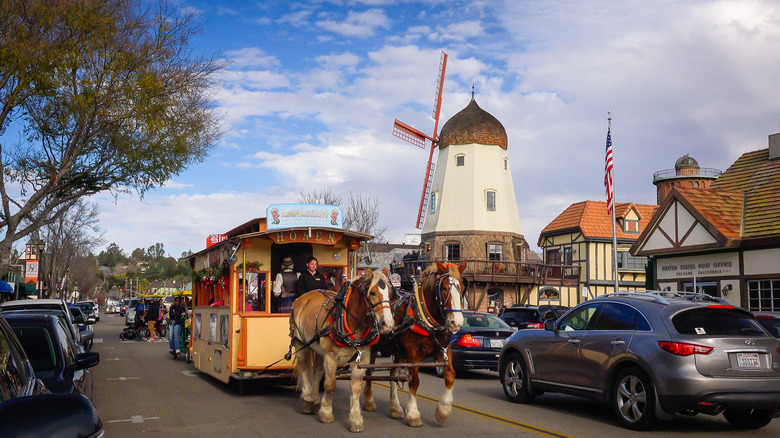 Horse-pulled trolley on Solvang street