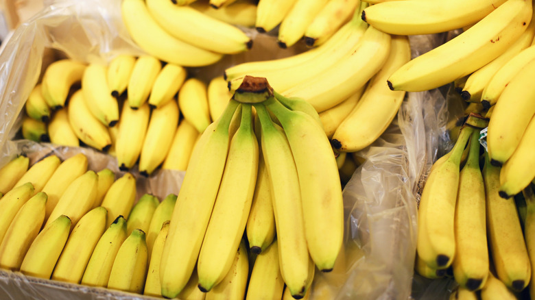 Ripe banana bunches in store