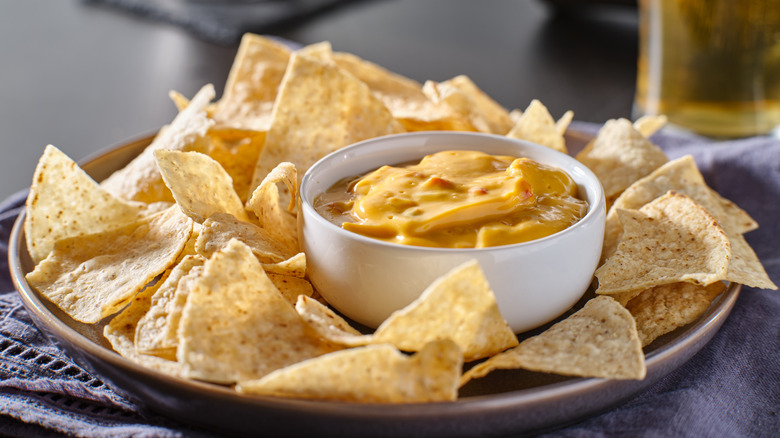 cheese dip with tomatoes, chips