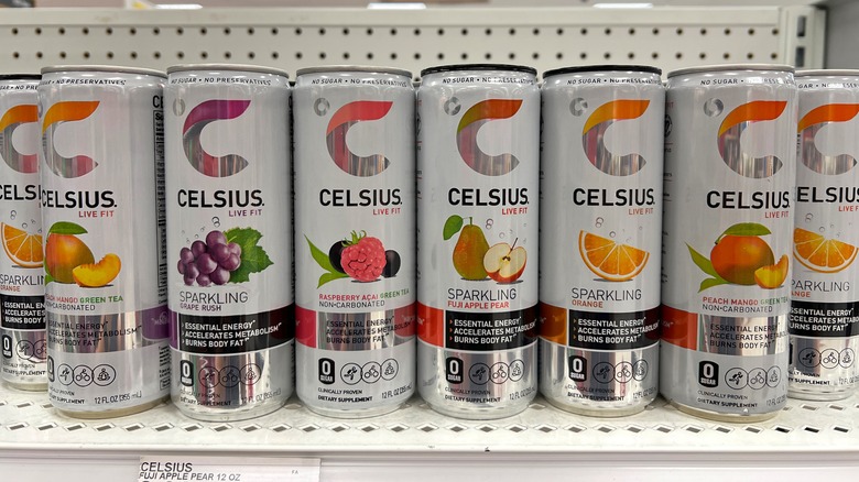 Grocery store display of different Celsius energy drink flavors