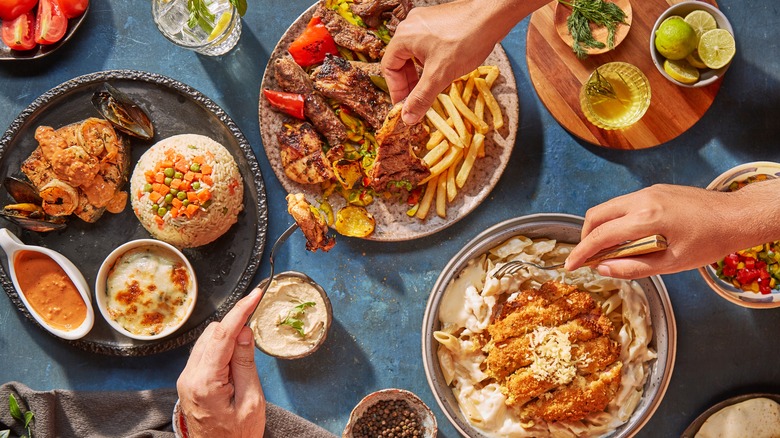 Bowls and plates of food