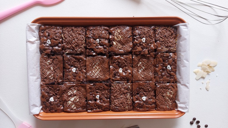 Brownies cut in baking pan