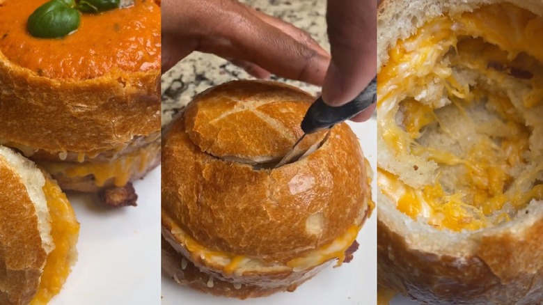 Knife cutting a grilled cheese bread bowl