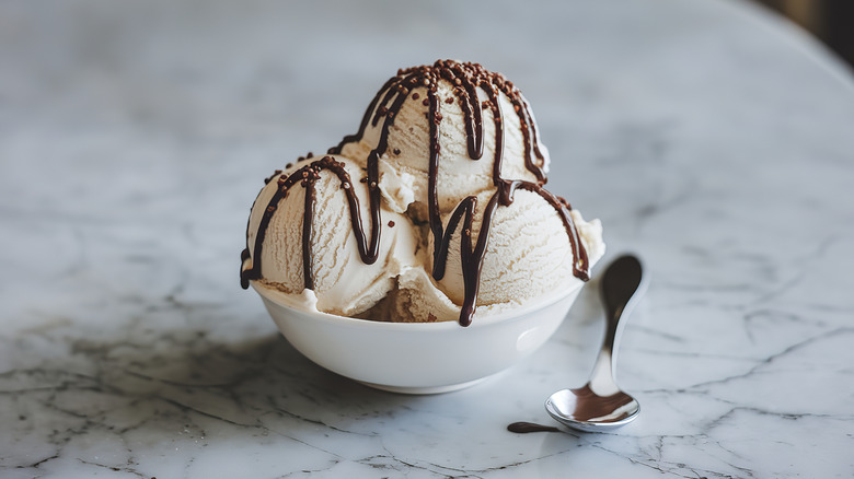 Ice cream covered In chocolate syrup