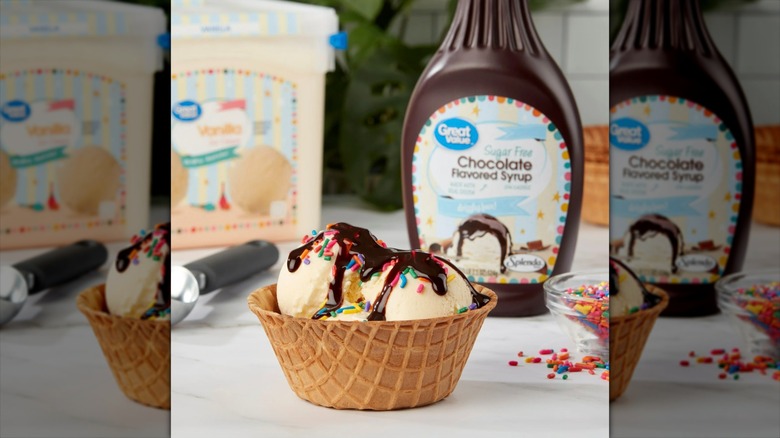 Great Value sugar-free chocolate syrup with a bowl of ice cream