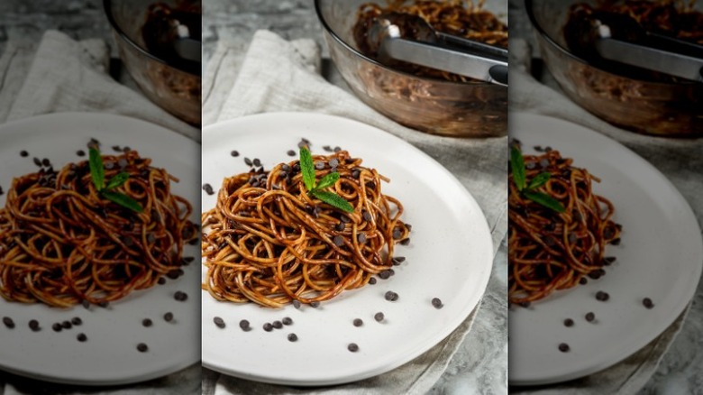 chocolate spaghetti on plate