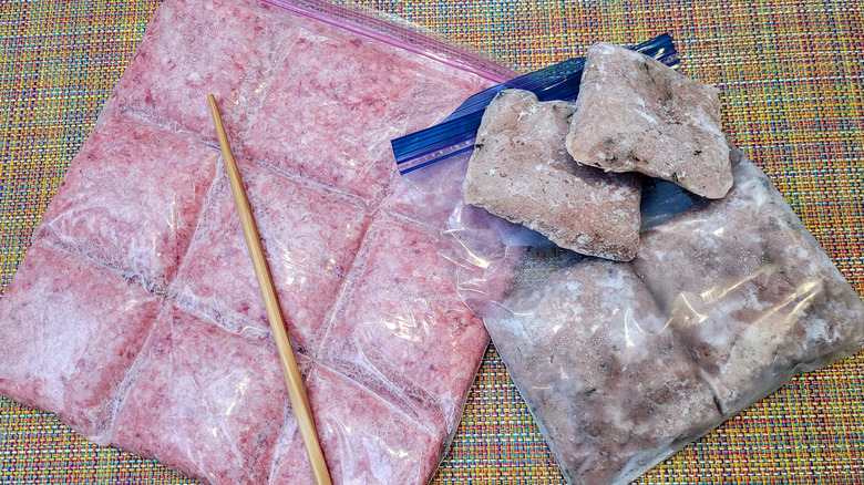 ground meats divided in bags with chopstick