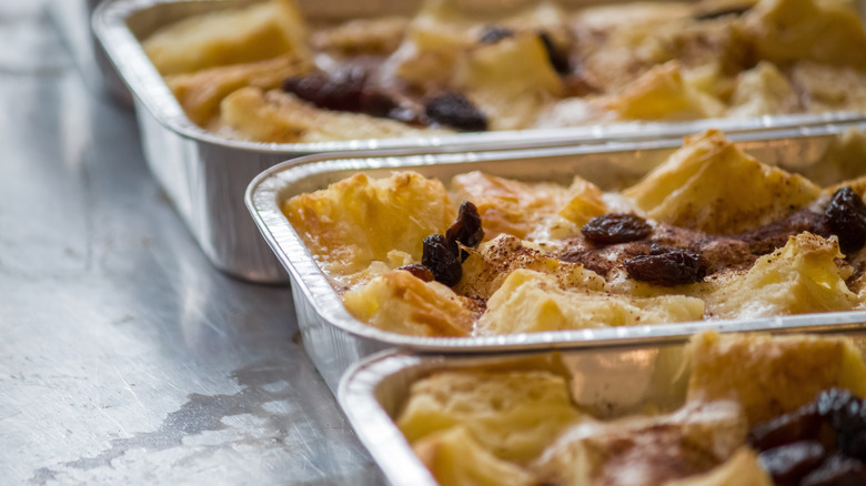 Foil trays of bread pudding