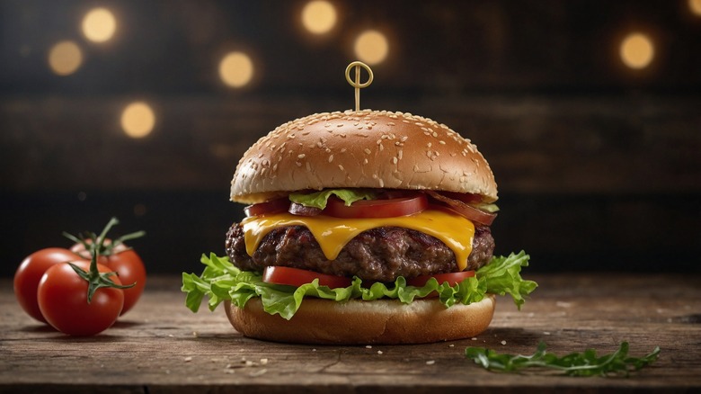 burger with tomatoes on wood