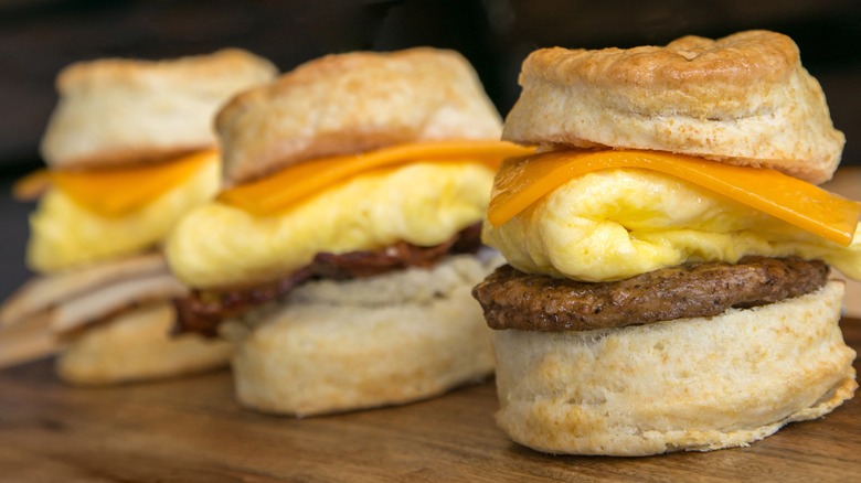 homemade sausage and biscuits with egg, cheese