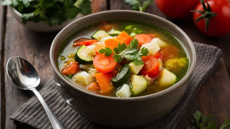 a bowl of chunky vegetable soup