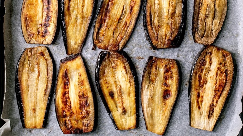 sheet pan of roasted eggplant halves