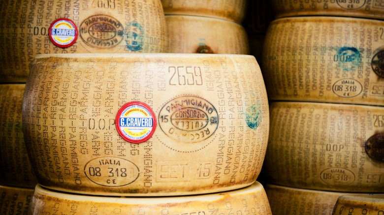Marked wheels of Parmigiano Reggiano