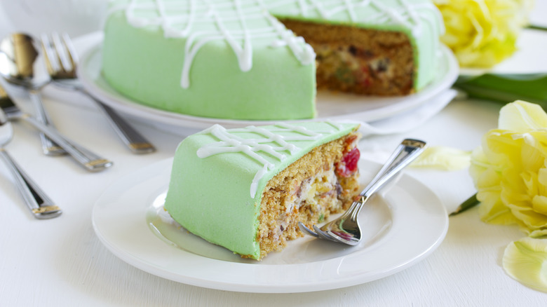 Slice of cassata cake with fork