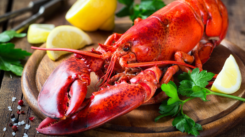 whole lobster on wooden cutting board