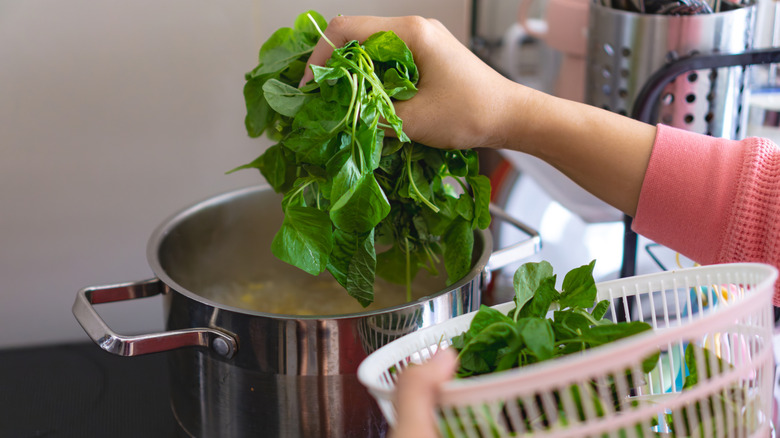 hands dropping spinach leaves into a pot of boiling water