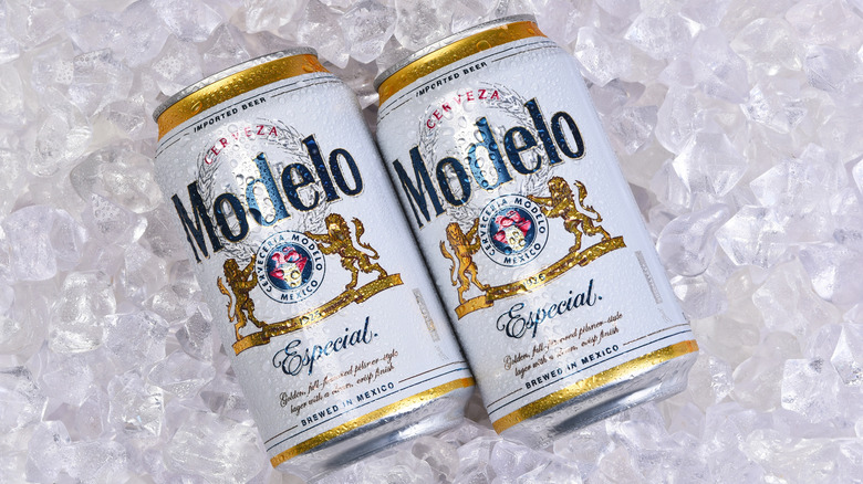 Two cans of Modelo beer on ice.