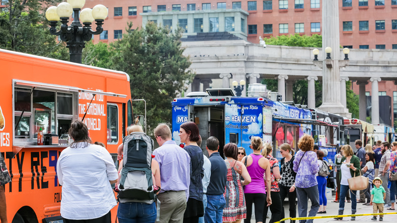 Crowded downtown Denver food truck scene