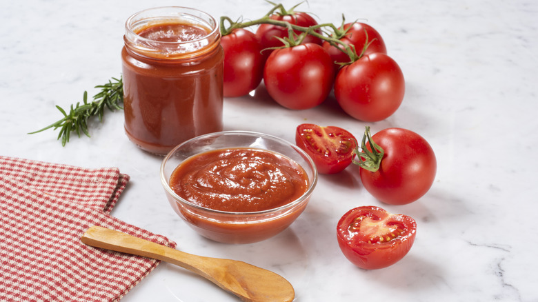 A bowl of ketchup surrounded by tomatoes and a spoon