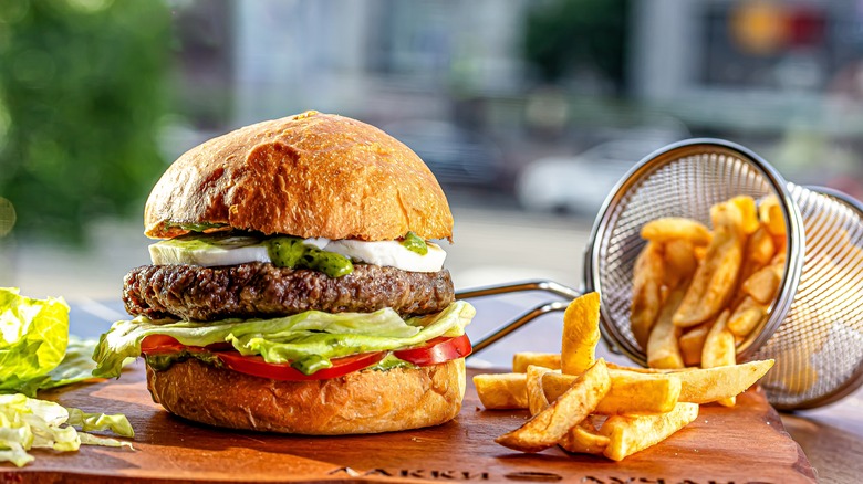 Lamb burger and fries