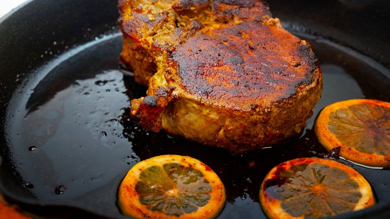 steak seared in cast iron skillet