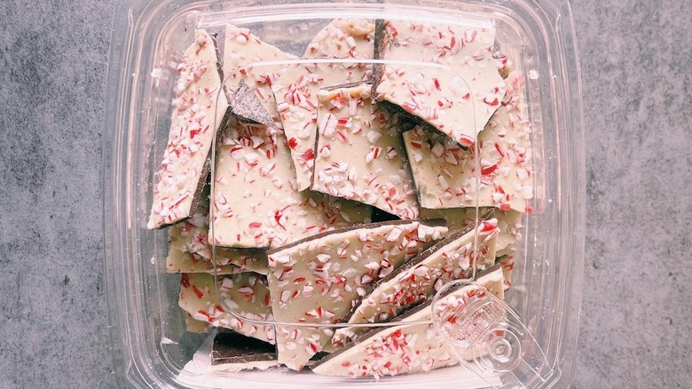 Costco peppermint bark in plastic container