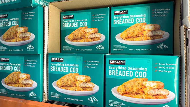 The older version of boxes of the Kirkland Signature Everything Seasoning Breaded Cod