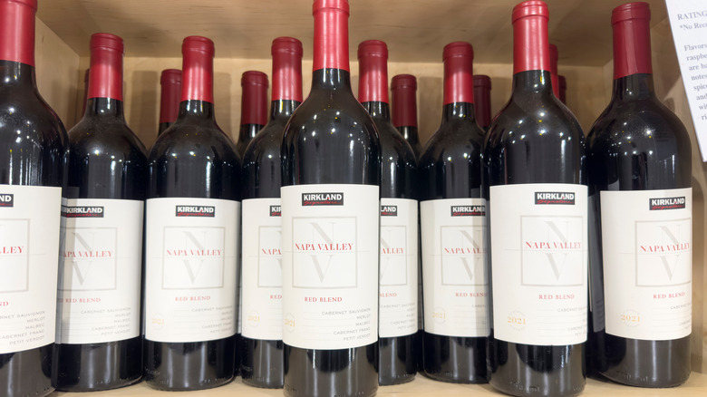 bottles of Costco Napa Valley red blend wine on store shelf