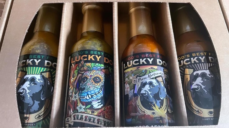 box of Lucky Dog hot sauces