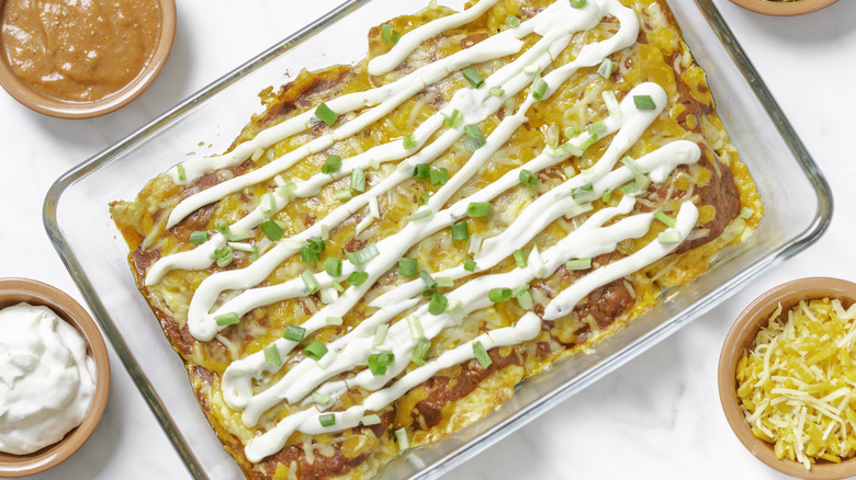 A pan of ground beef enchiladas